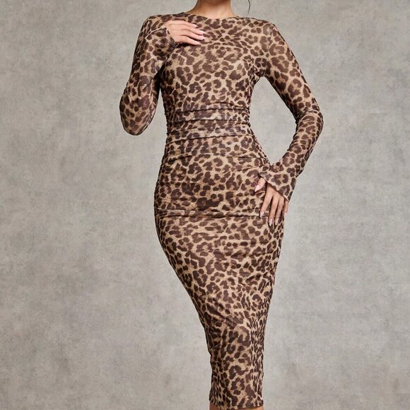 Multicolor Elegant Women's Leopard Print Side Pleated Long Sleeve Dress - Picture 6 of 7